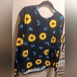Orange Kiss Black With Sunflowers and Blue Butterflies Sz 2X Long Sleeve Top
